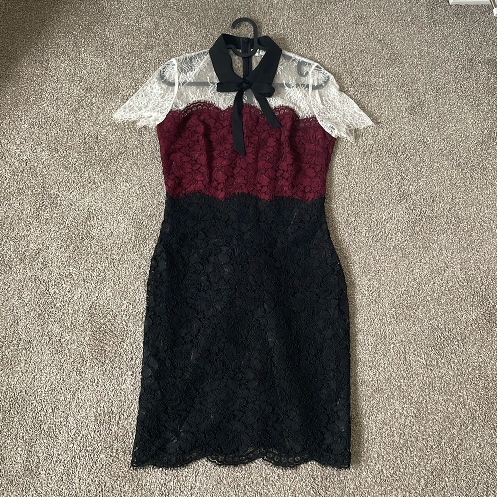 Authentic Sandro Paris Tri-Tone Lace Dress in Black/Red/White, size 2